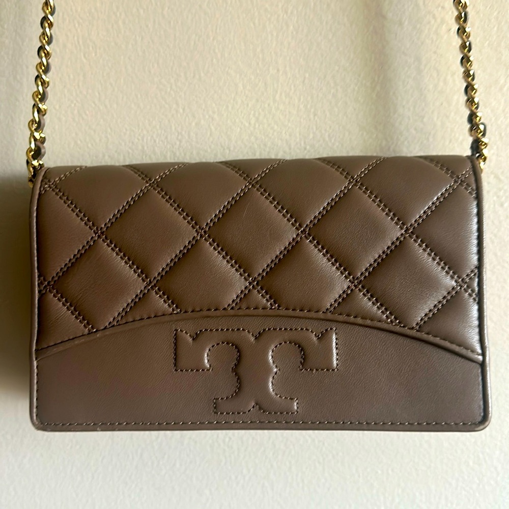 Tory Burch Brown Kira Diamond Crossbody Bag with Gold chain strap